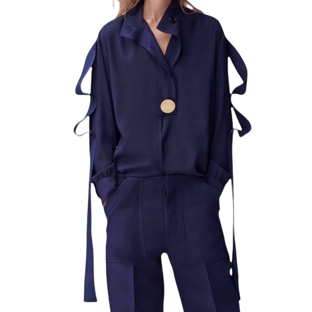 CÉLINE NAVY BLUE SILK SHIRT WITH STRAPS SIZE 40 PHOEBE PHILO